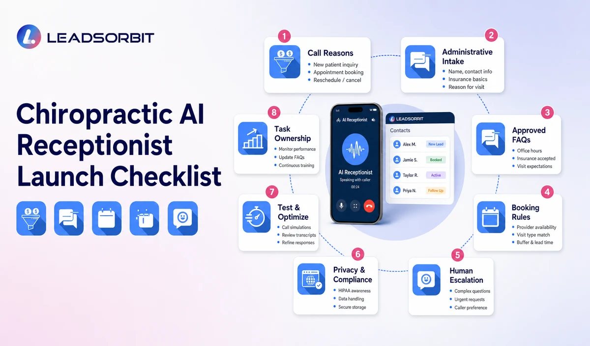 Launch checklist for chiropractic AI receptionist call rules, booking, escalation, privacy, and testing.