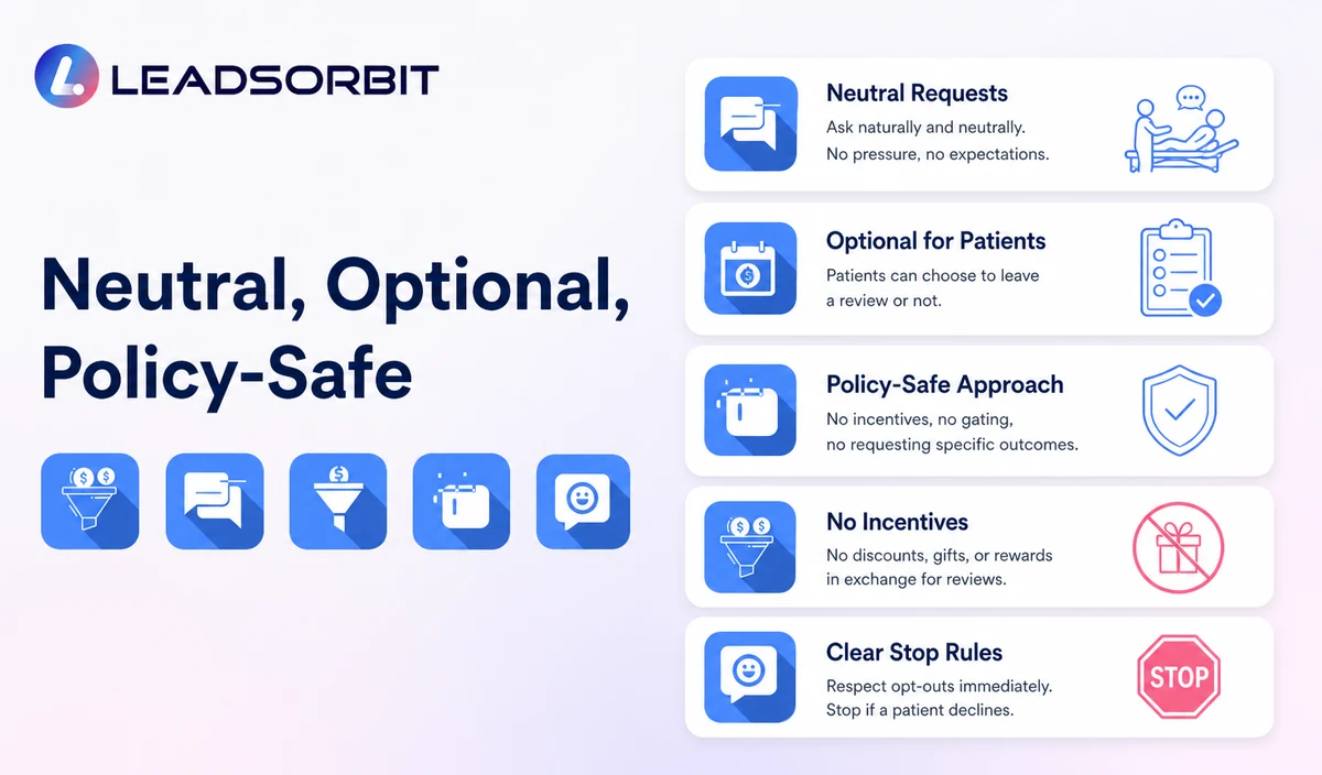 Clarify neutral requests, no incentives, no gating, no five-star pressure, and stop rules