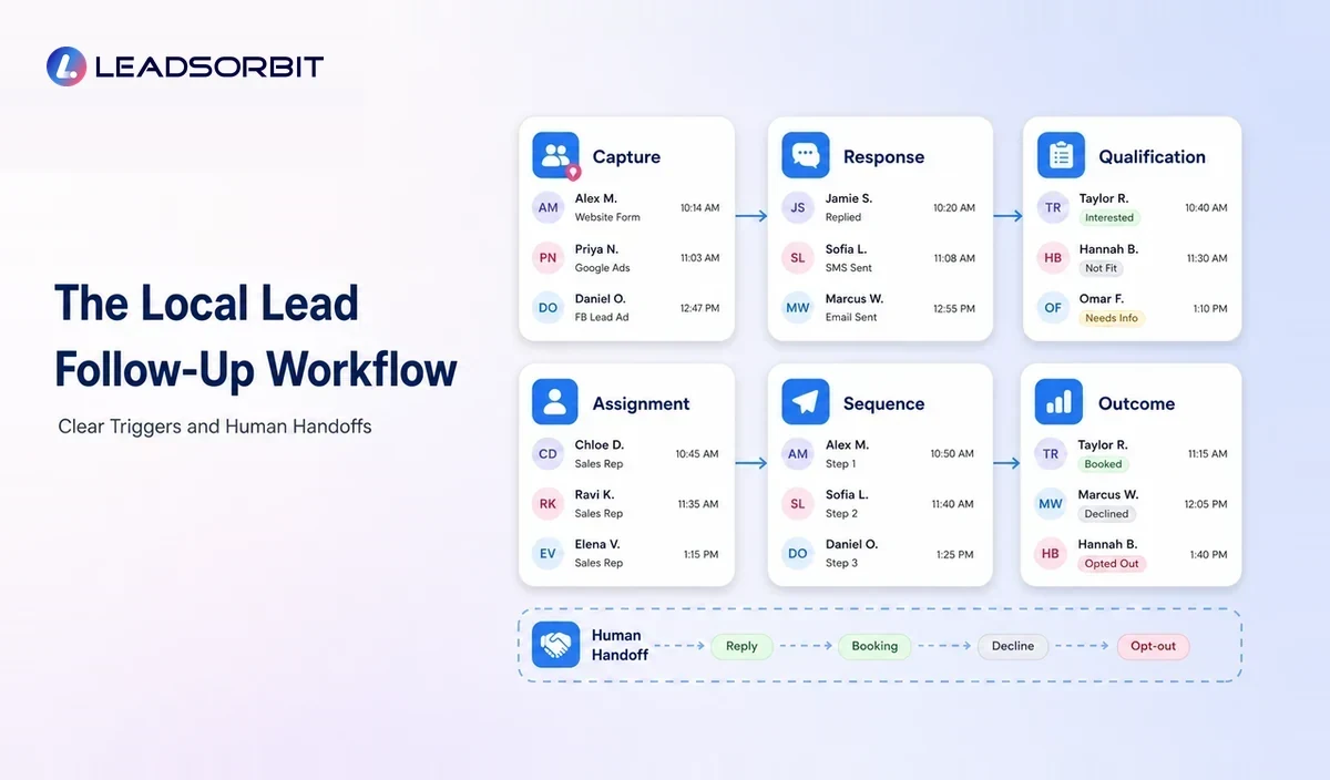 Lead follow up workflow with capture, response, qualification, assignment, sequence, and outcome stages.