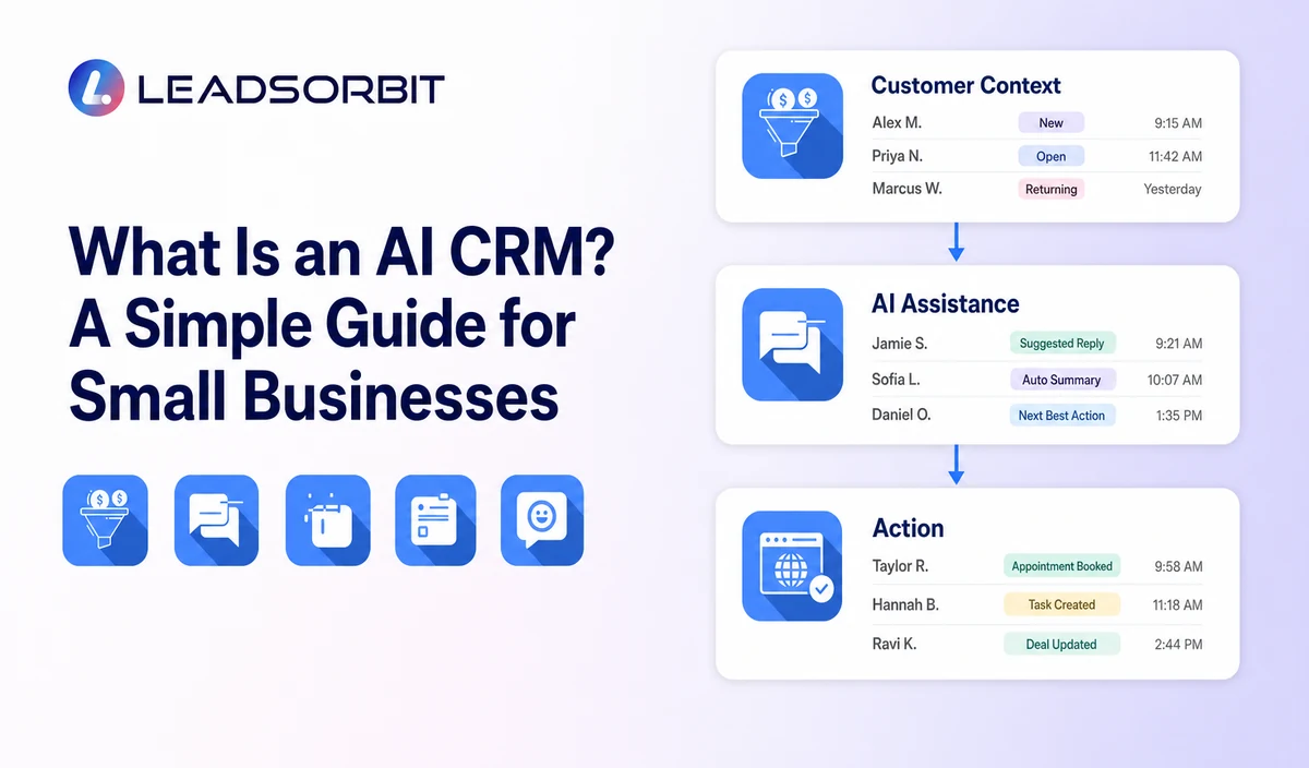 AI CRM workflow from inquiry to record, AI assistance, task, and human follow up.